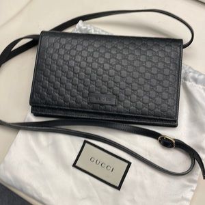 Gucci Black Micro GG Guccissima Strap Flap Strap Wallet